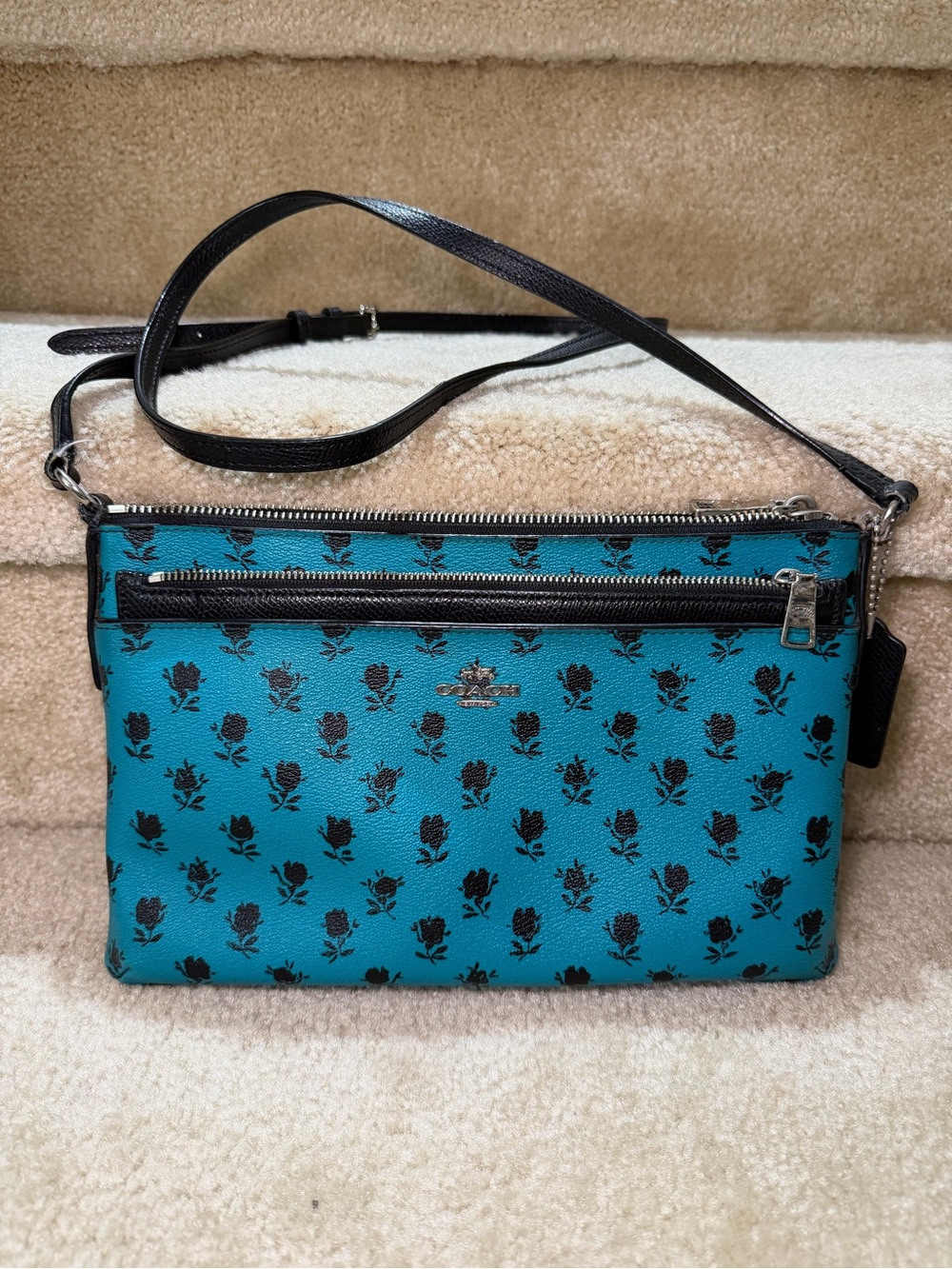 Coach Badlands Floral Removable Pouch Crossbody Bag Black Turquoise Leather